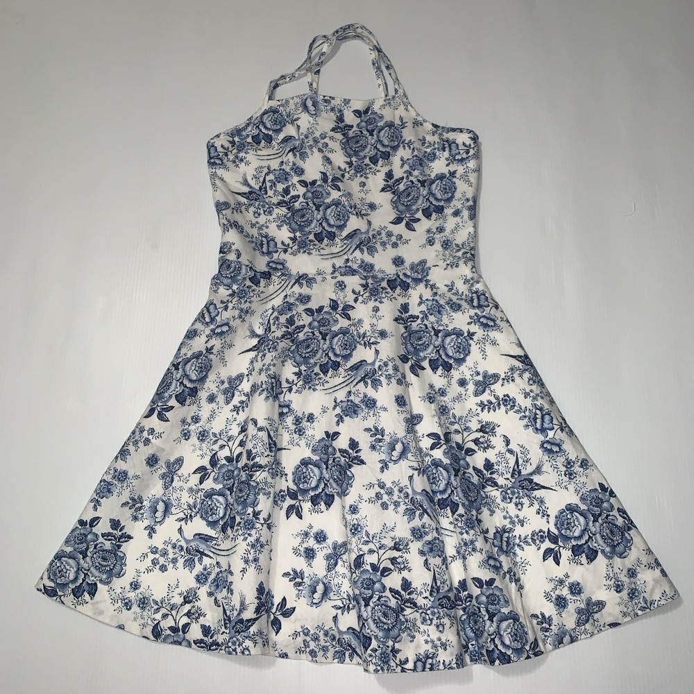 Polo Ralph Lauren Girls 14 Blue White Floral Linen Cotton dress CrossBack Summer